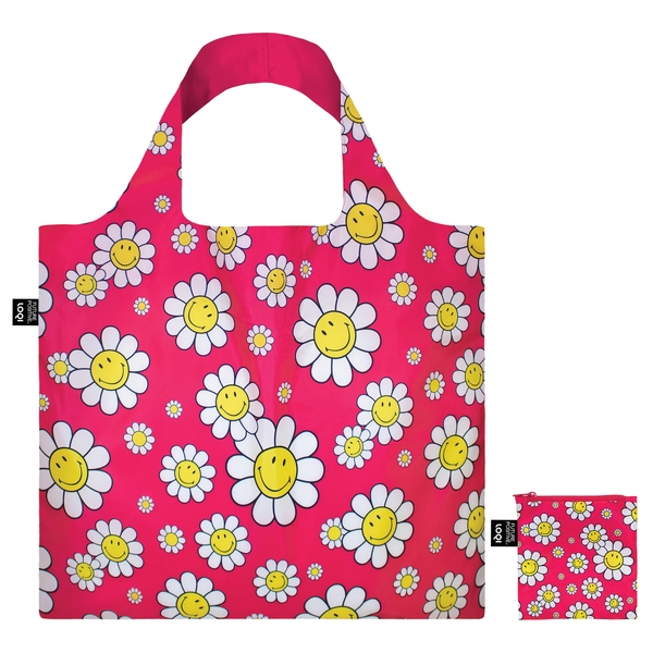 LOQI Reusable Shopping Bag Smiley Flowers Raspberry