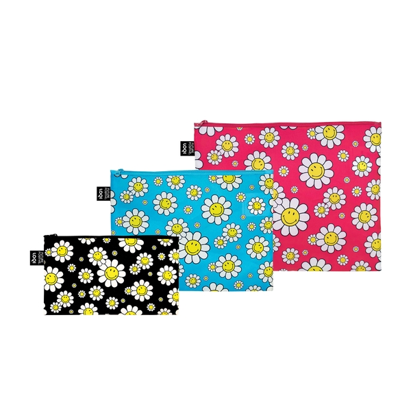 LOQI Smiley Flowers Zip Pockets Set of 3